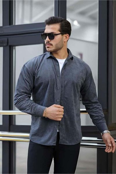 Valiberta Smoked Colored Men's Velvet Shirt - Ribbed Design