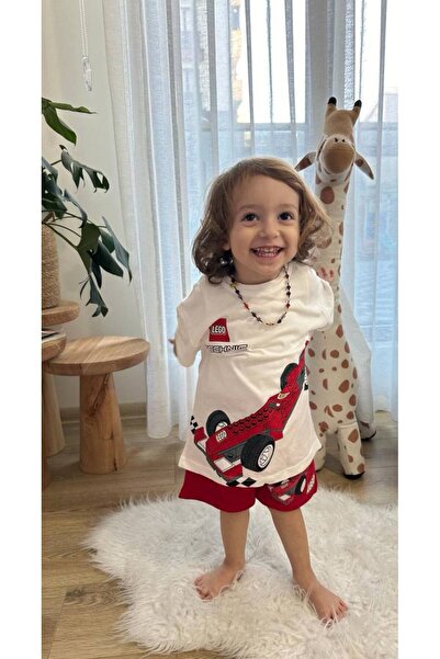 shop طقم شورت قطني مزدوج مطبوع بخصر مطاطي وأربطة من الخلف للأولاد باللون الأح...