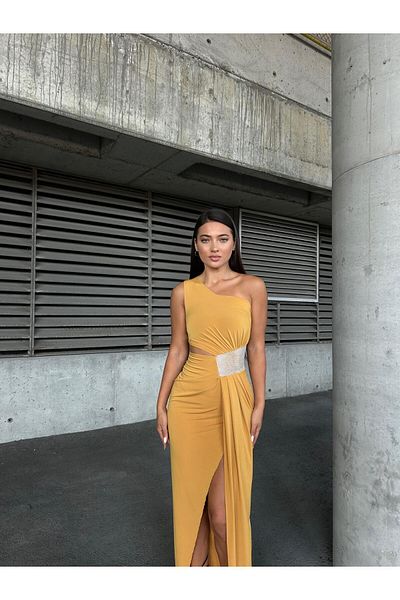 Modafeminen One Shoulder Detailed Sandy Fabric Dress 583181 Yellow