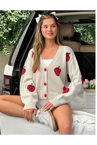 FLEX FASHION Women's Ecru Strawberry Knitwear Cardigan