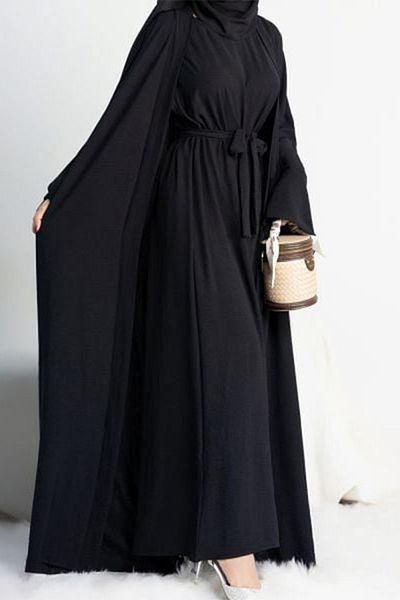 dorbe Two Piece Sleeveless Maxi Dress Belt Waist Abaya Style Long Sleeve Outwear Cardigan
