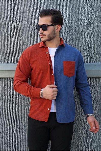 Valiberta Light Brick Colored Corduroy Shirt - Contrast Double Color