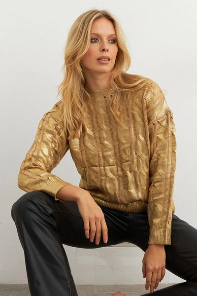 Cool & Sexy Women's Gold Color Hair Braided Padded Knitwear Blouse Rm618