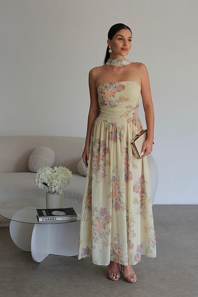 Julidress Yellow Patterned Scarf Detailed Lined Premium Chiffon Dress