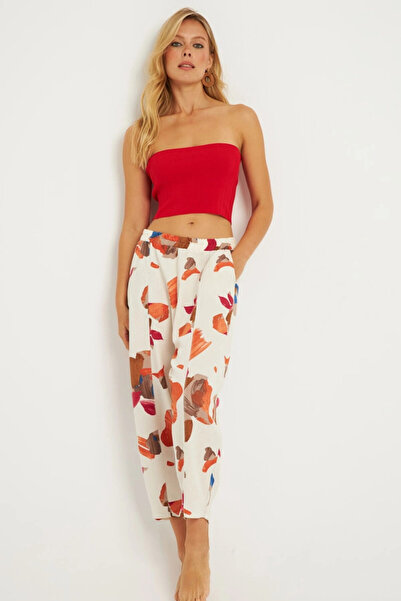 Cool & Sexy Linen Patterned Ecru-Brown Women's Baggy Trousers - K1253