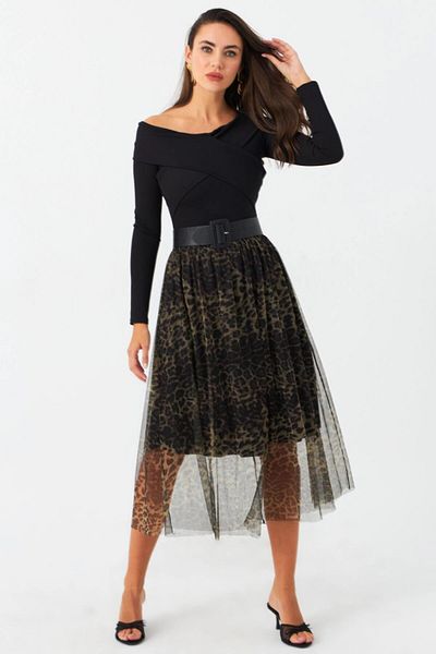 Cool & Sexy Women's Camel-Black Lined Tulle Leopard Skirt Sf2553