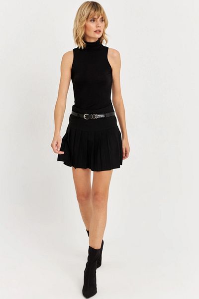 Cool & Sexy Black Mini Pleated Women's Skirt with Belt - Ela6024
