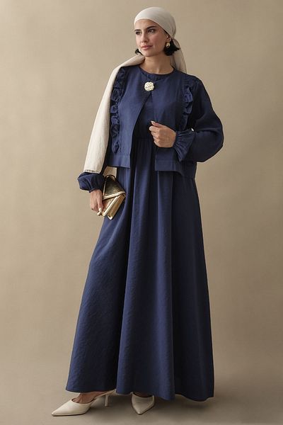 InStyle Modal Navy Blue Gilet Dress with Ruffle Jacket