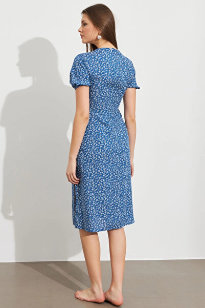 Cool & Sexy Kadın Mavi Desenli Pencereli Midi Elbise Q1013