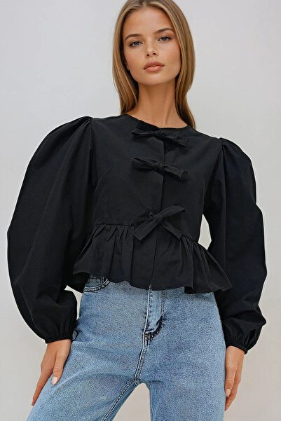 VAGGON Women's Black Crew Neck Bow Tie Princess Sleeve Poplin Blouse Prmx13375