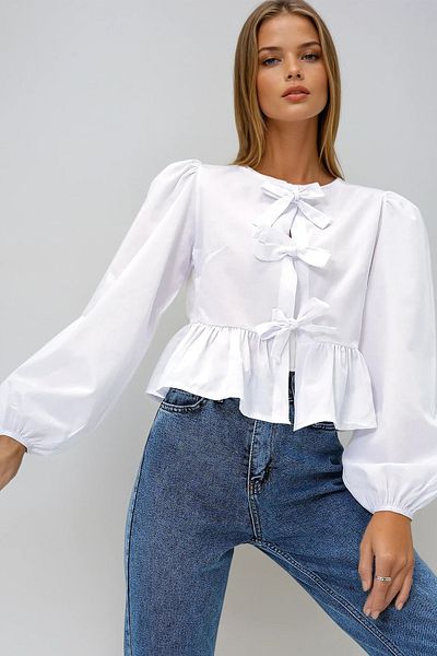 VAGGON Bluză din poplin cu mâneci prințesă, cu decolteu alb, cu fundă, PRMX13375