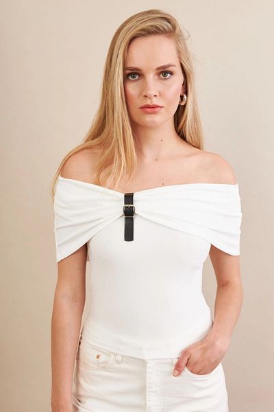 Cool & Sexy Women's White Belt Detailed Blouse Fry2316