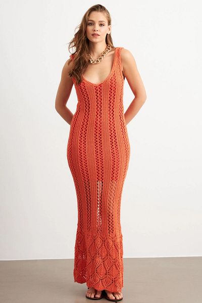 Cool & Sexy Women's Orange Lined Openwork Maxi Dress Mbe15001
