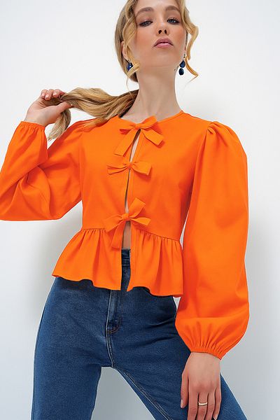 VAGGON Bluză din poplin cu mâneci prințesă, portocaliu, cu decolteu, cu fundă, PRMX13375