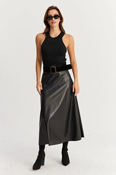 Cool & Sexy Fekete műbőr női csengőszoknya - ELA113