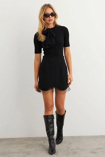 Cool & Sexy Women's Black Tassel Detailed Mini Skirt Ked24013