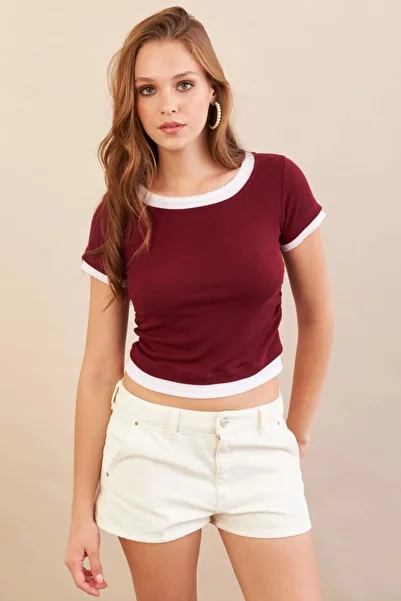 Cool & Sexy Women's Burgundy Gathered White Garnished Blouse Mx9465
