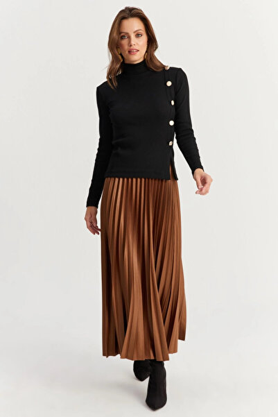 Cool & Sexy Кафява плисирана дамска пола - Еластична талия Gç190