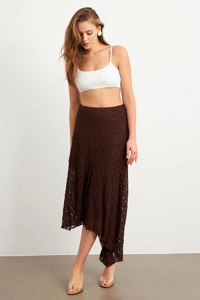 Cool & Sexy Women's Brown Asymmetrical Lace Midi Skirt Zh357