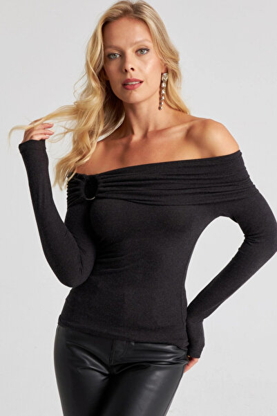 Cool & Sexy Damska czarna bluzka z kołnierzykiem Madonna EY2669