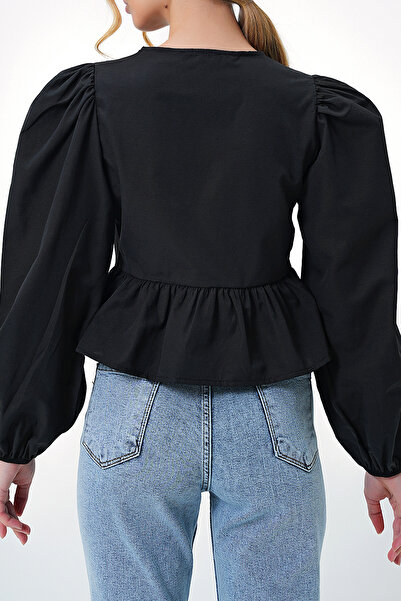 VAGGON Women's Black Crew Neck Bow Tie Princess Sleeve Poplin Blouse Prmx13375