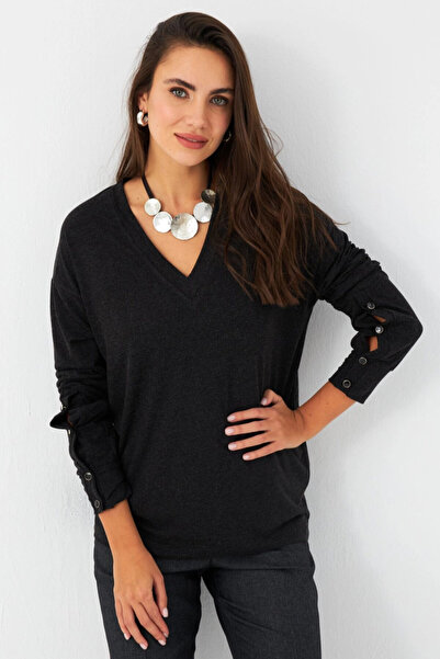 Cool & Sexy Dámská antracitová halenka s výstřihem do V Ey2982