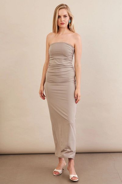 Cool & Sexy Women's Stone Strapless Gathered Midi Dress Mx2005