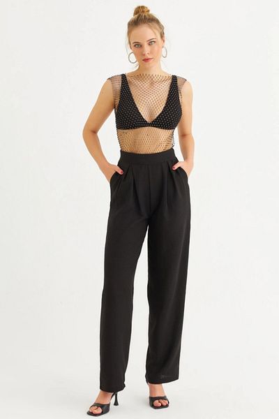 Cool & Sexy Γυναικείο μαύρο παντελόνι τσέπης μουσελίνας RSP5003