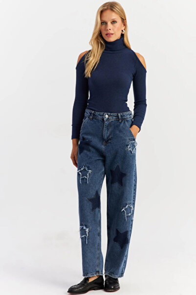 Cool & Sexy Kadın Mavi Yamalı Jean Pantolon AUR1