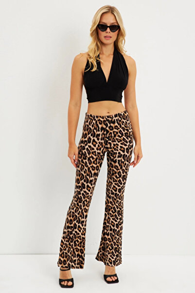 Cool & Sexy Women's Camel-Black Leopard Spanish Leg Trousers LPP1278