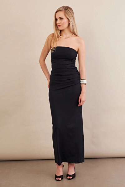 Cool & Sexy Kadın Siyah Straplez Büzgülü Midi Elbise MX2005