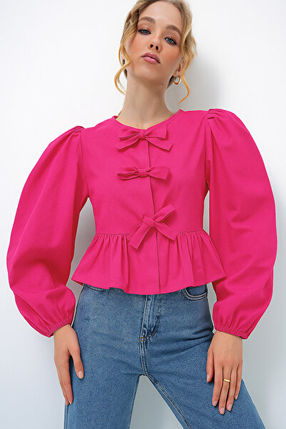 VAGGON Γυναικεία φούξια μπλούζα με λαιμόκοψη με φιόγκο με κορδόνια πριγκίπισσ...