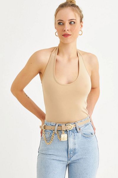 Cool & Sexy Stone Color Women's Crop Blouse - Neck Strap, Tf69