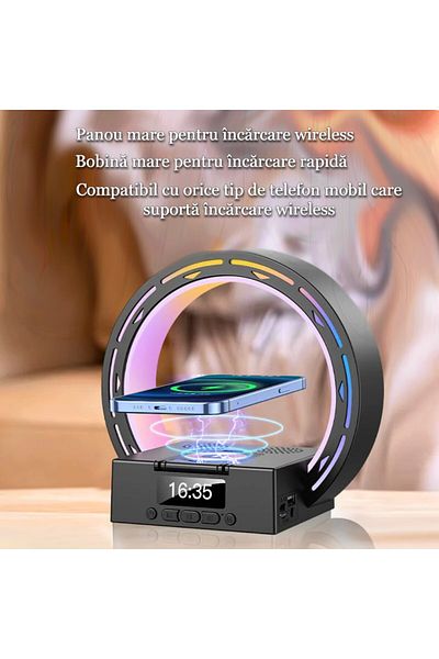 MILARIS Lampa Smart LED MILARIS®, Incarcare wireless 15W, Boxa Bluetooth, Ceas cu alarma