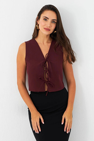 Cool & Sexy Women's Burgundy Lacing Detailed Vest - Lined Ela6645