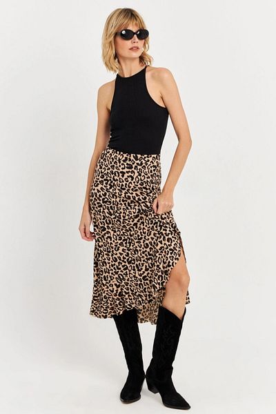 Cool & Sexy Women's Camel-Black Ruffled Asymmetrical Leopard Midi Skirt Lon3011