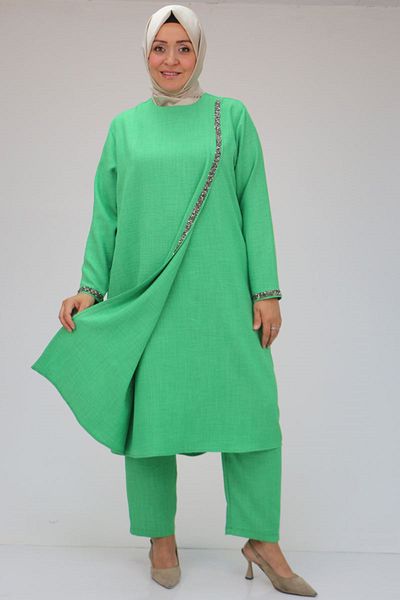 Eslina 47043 Large Size Stone Print Detailed Linen Airobin Pant Suit - Beneton