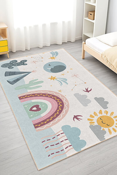 Realhomes Canlı Renklerde Gökkuşağı ve Yıldız Desenli Çocuk Odası Yıkanabilir...