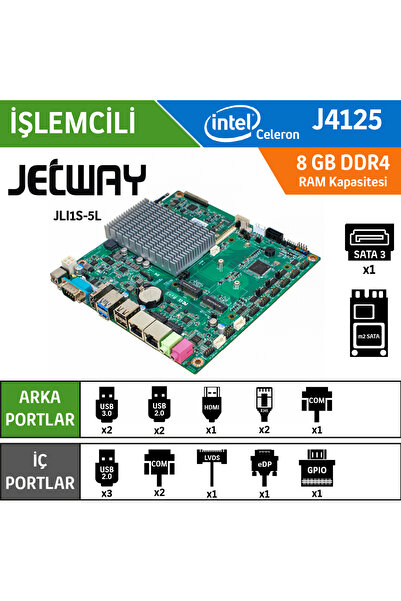 Jetway JLI1S-5L Intel Celeron J4125 Fansız Endüstriyel Mini ITX Anakart