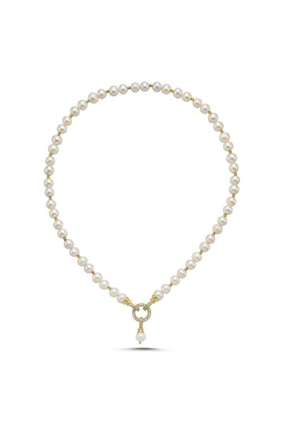 Birinci1926 925 Ayar Gümüş Dorika Toplu Halka Kilitli Doğal Inci Kadın Kolye