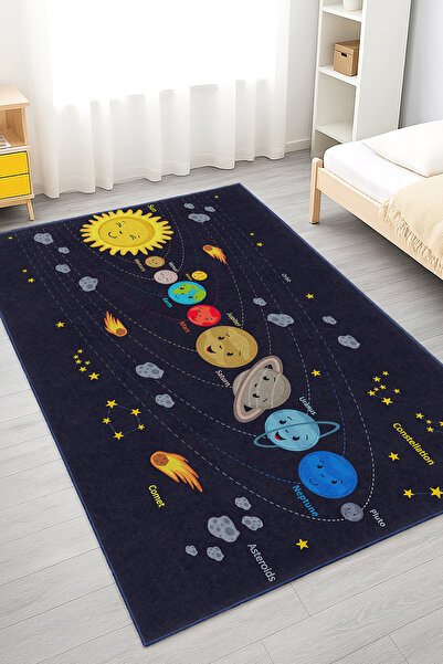 Realhomes Renkli Gezegenler Motifli Yıkanabilir Kaymaz Taban Çocuk Odası Halısı