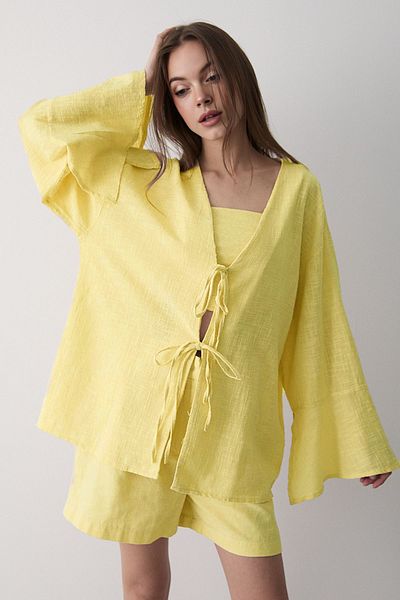 VODENS Women's Butter Yellow Double Tie Linen Kimino