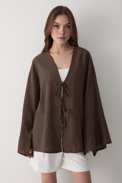 VODENS Women's Brown Double Tie Linen Kimino