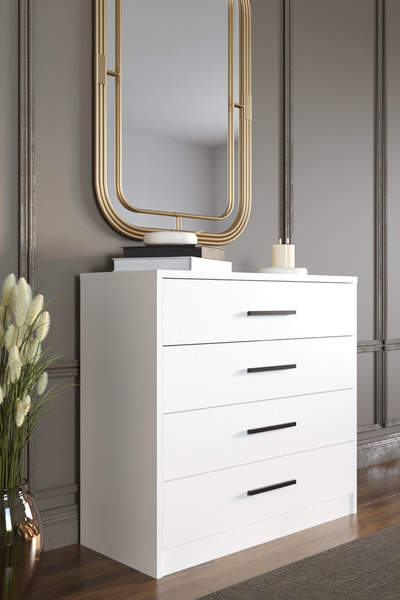 AYMOBSAN Mira 4 Çekmeceli Şifonyer, Beyaz, Siyah Kulplu, 86 cm