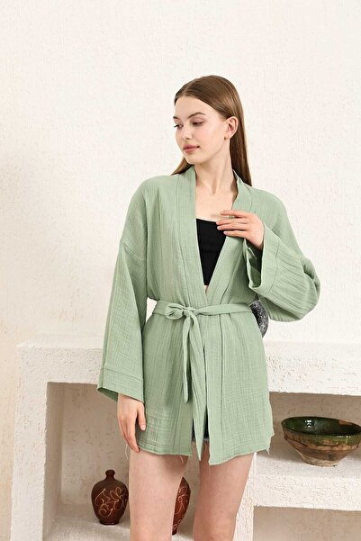 COTTOWOO Çağla Yeşili Kadın Müslin Kimono Yazlık Deniz Panço %100 Pamuk