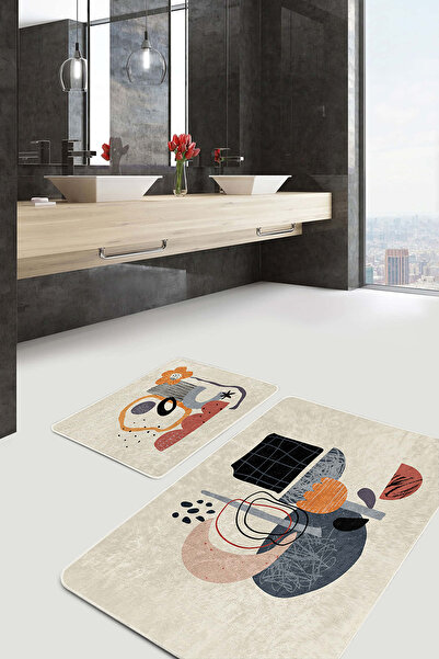 Realhomes Orange Gray 2-Piece Non-Slip Base Washable Bath Mat Set with Abstract Figures on Beige Background