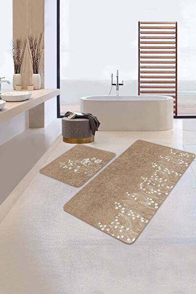Realhomes Natural Pattern with White Flowers on Beige Floor 2-Piece Non-Slip Base Washable Bathroom Mat Set