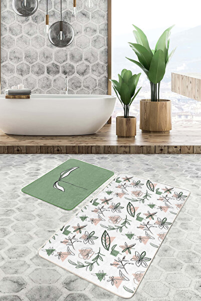 Realhomes مجموعة سجادة حمام قابلة للغسل بنمط أوراق الشجر والزهور باللونين الأ...