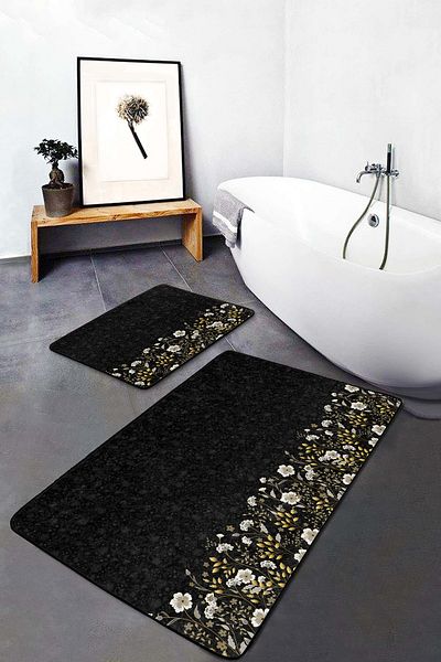 Realhomes White and Gold Floral Patterned Black Floor 2-Piece Non-Slip Base Washable Bath Mat Set