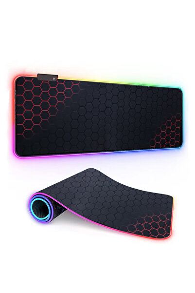 Coverzone Oyuncu RGB Mousepad ve Klavye Pad Kırmızı Altıgen Desenli Red Hex Tasarım Işıklı 70cm x 30cm